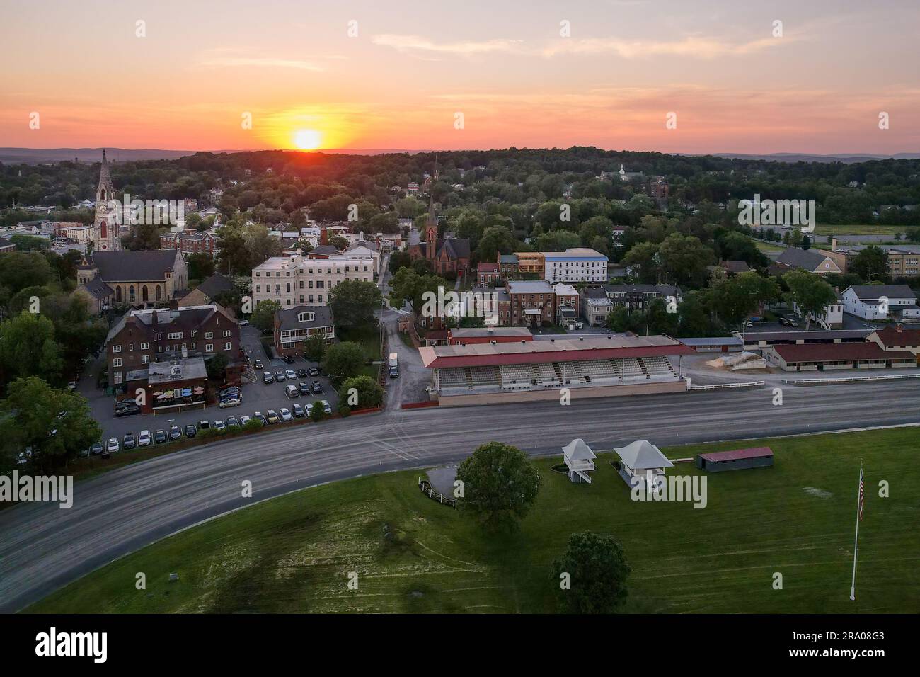 Aerial view of Historic Track and Goshen, N.Y., at sunset on June 5, 2021. Stock Photo