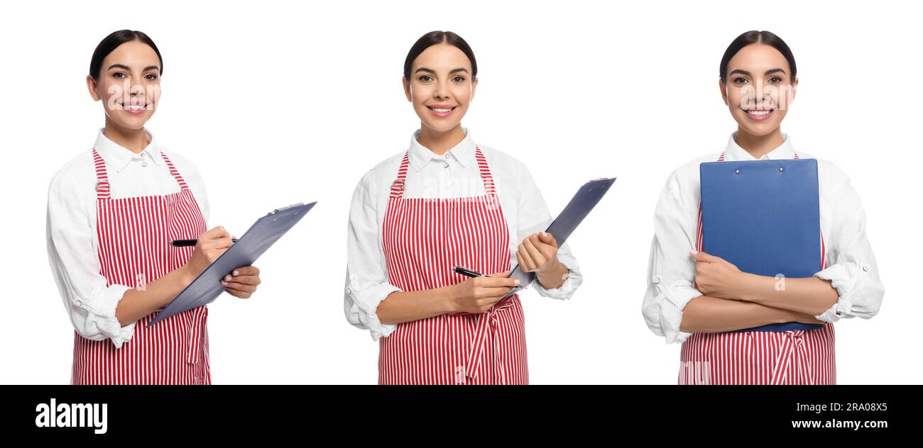 Collage with photos of woman in apron on white background Stock Photo ...