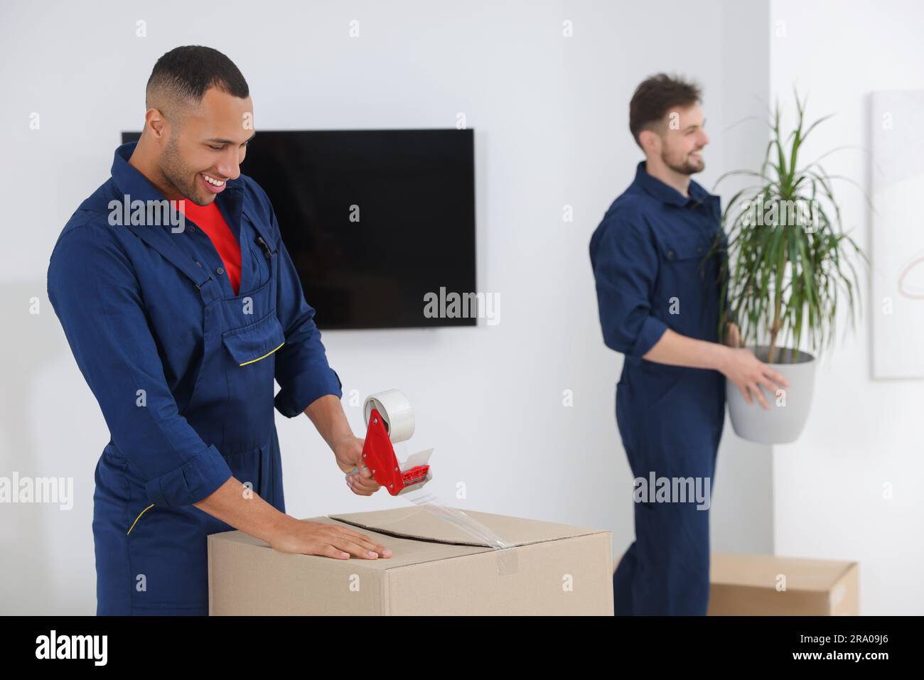 Male mover packing box with adhesive tape in house, space for text