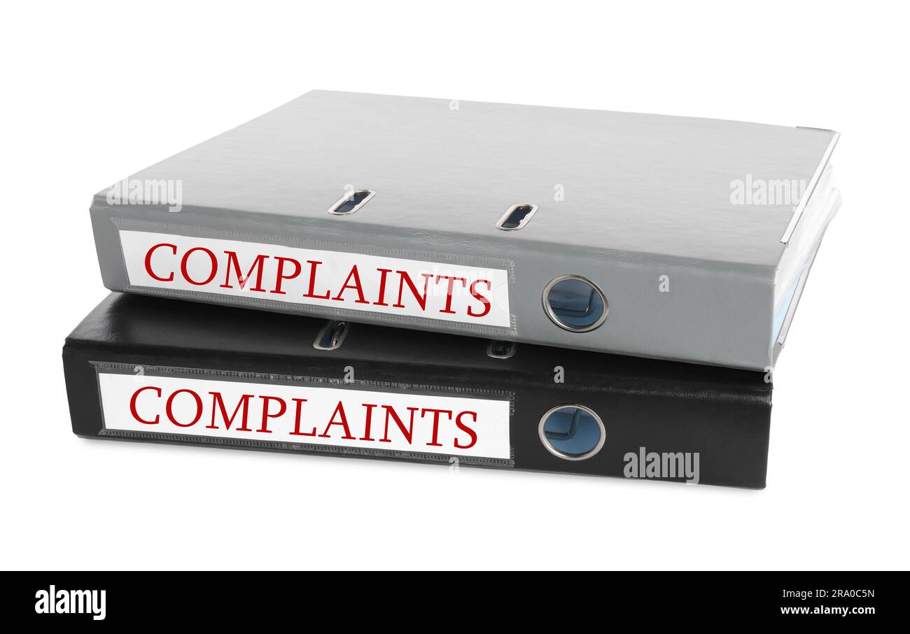 Folders with complaints labels on white background Stock Photo