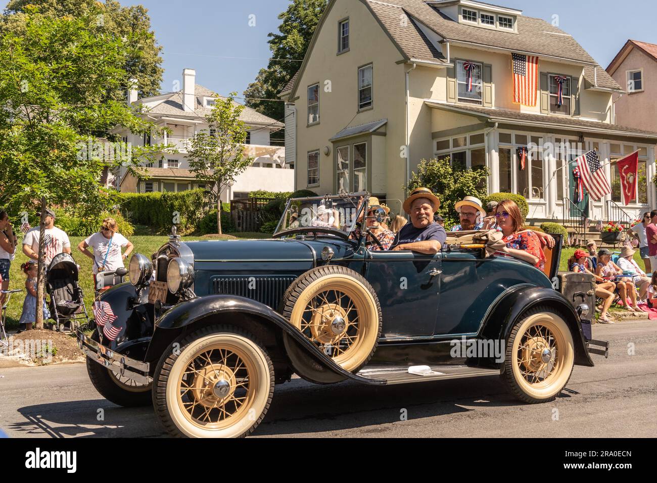 Wyomissing, Pennsylvania – July 4, 2022: Old Ford Model A Car in Small Town Fourth of July Parade Stock Photo