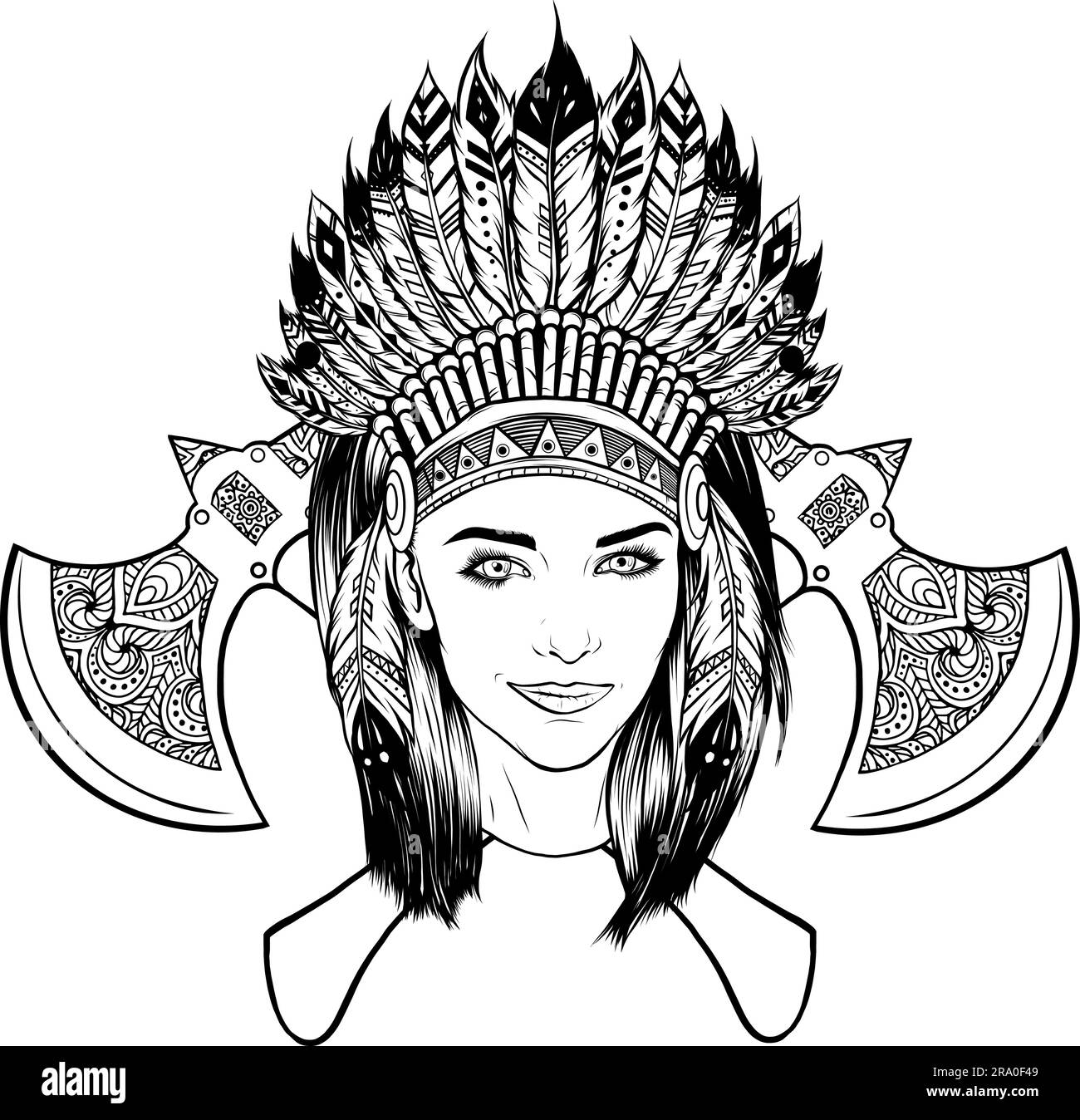 native american indian woman wearing traditional tribal feathered headdress - black and white vector Stock Vector