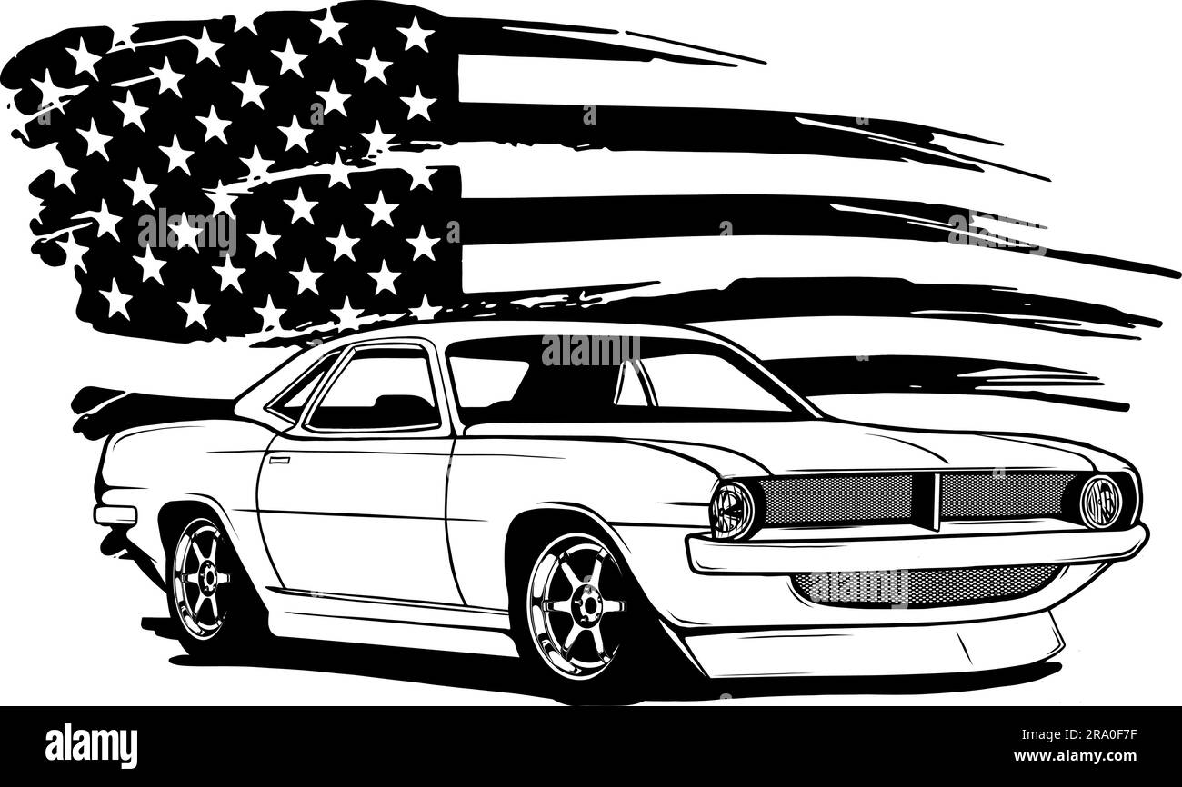 Muscle cars line art. Automotive vector illustration. Vintage sports