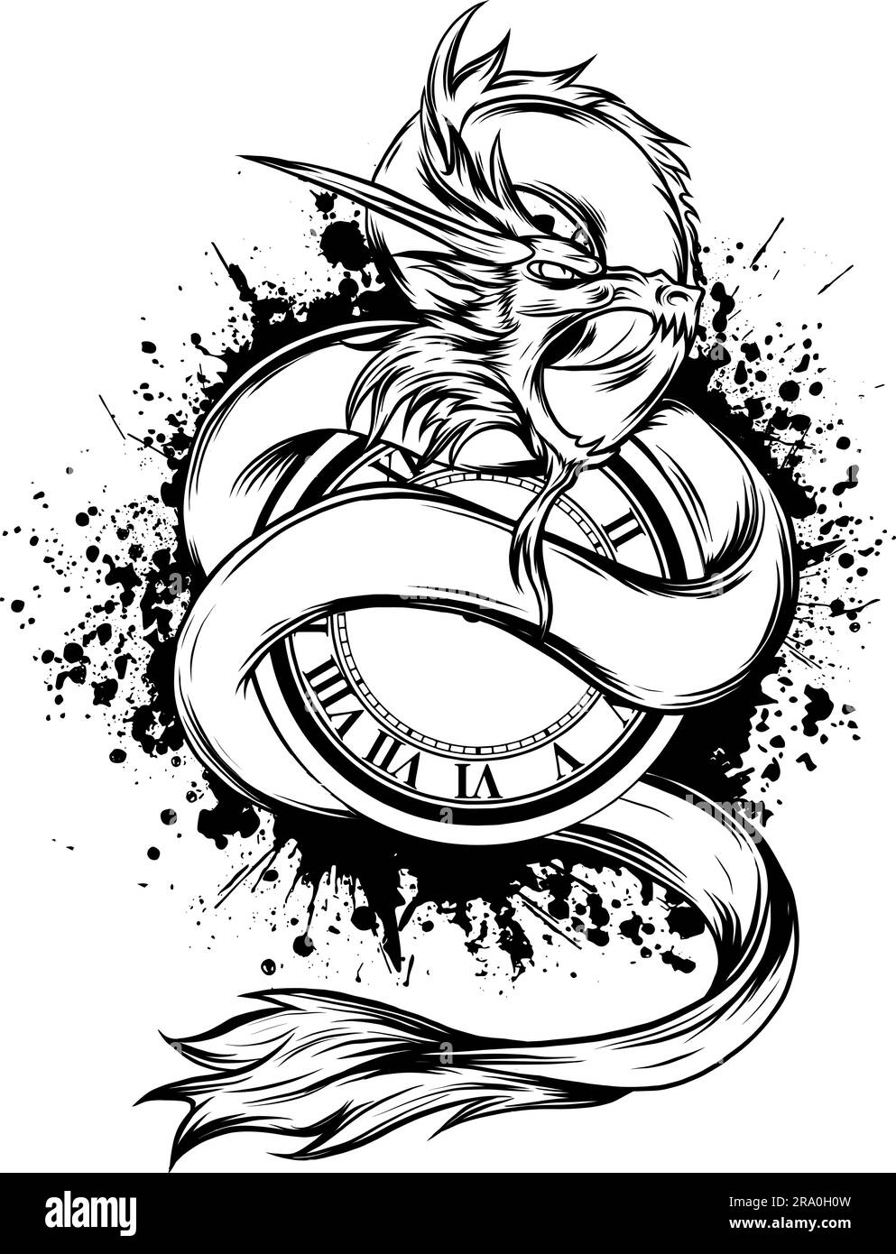 dragon hand drawn vector illustration in Black and white Stock Vector