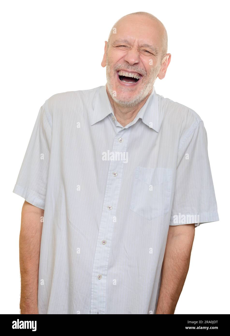 Man with light cotton shirt laughing out loud, isolated on white background Stock Photo