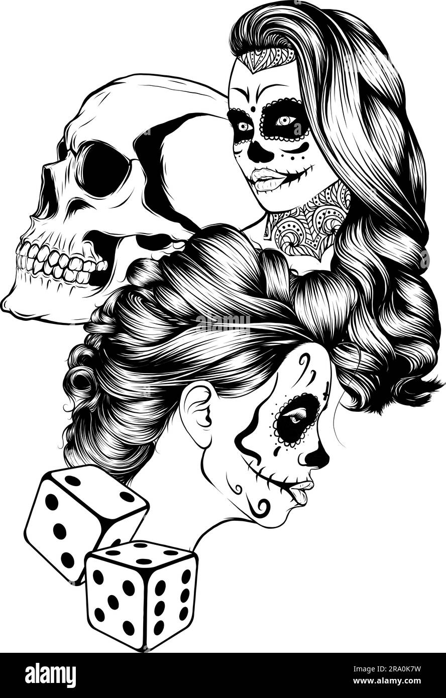 vector illustration of dead girl black and white outline Stock Vector