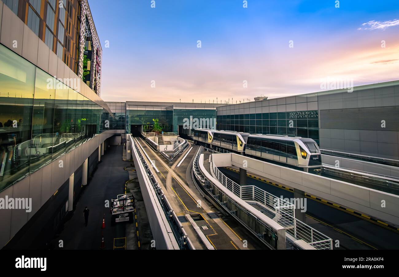 Skytrain departing from Terminal 3 in Changi Airport, Singapore. Stock Photo