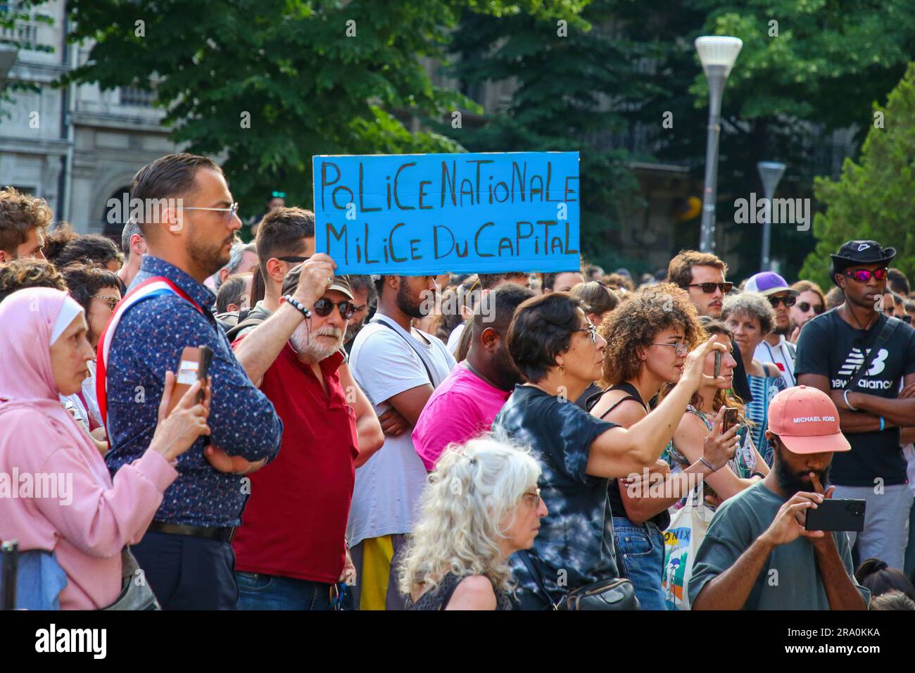 Marseille, France. 29th June, 2023. A protester holds a placard during ...