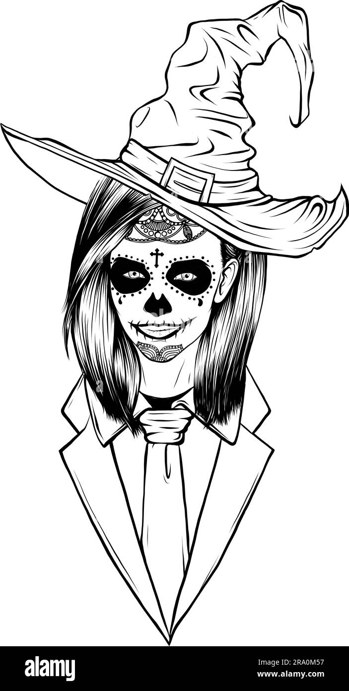 vector illustration of dead girl black and white outline Stock Vector