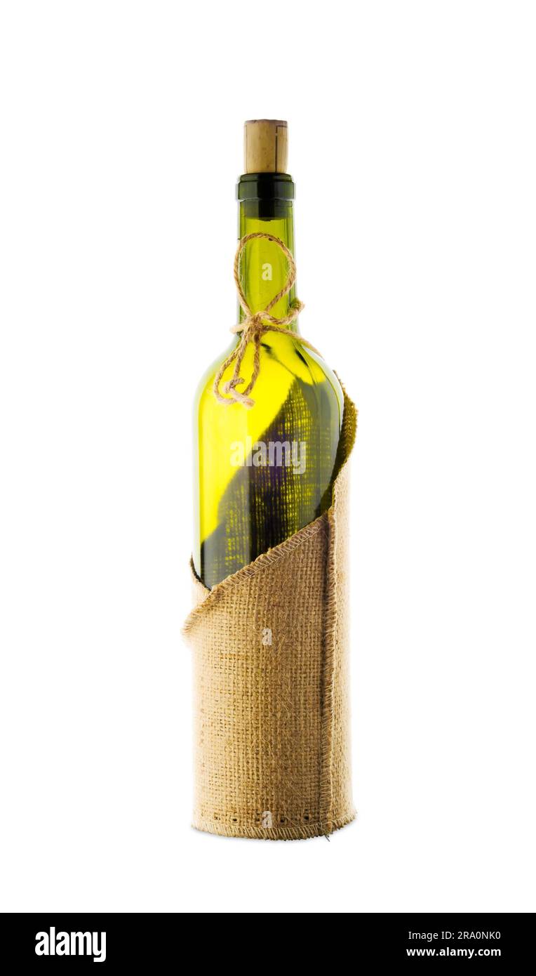 A empty bottle with a rustic jute bottle cover Stock Photo