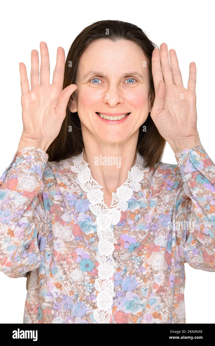 Smiling woman with open blue eyes and open hands up showing the palms