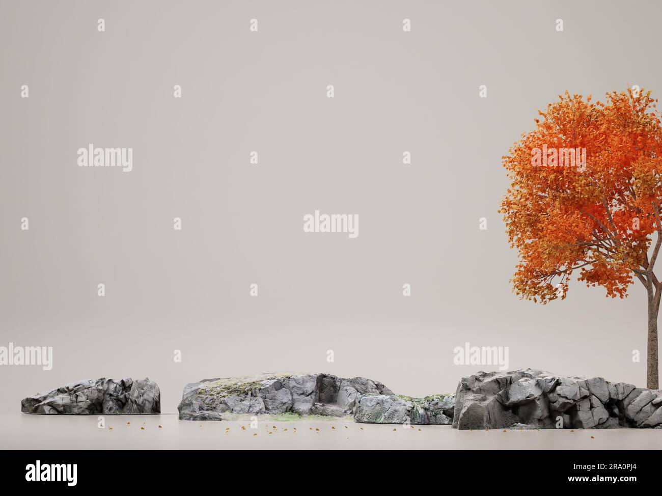 Autumn tree and rock isolated on blue background. Minimal concept with copy space. 3d rendering. 3d illustration Stock Photo