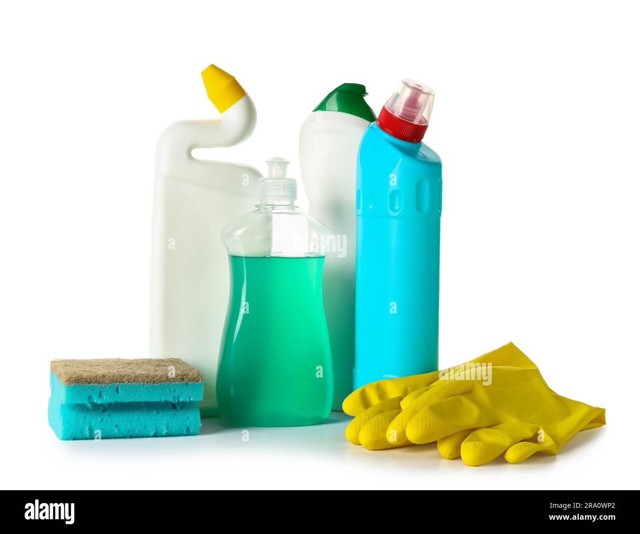 Different cleaning supplies on white background Stock Photo Alamy