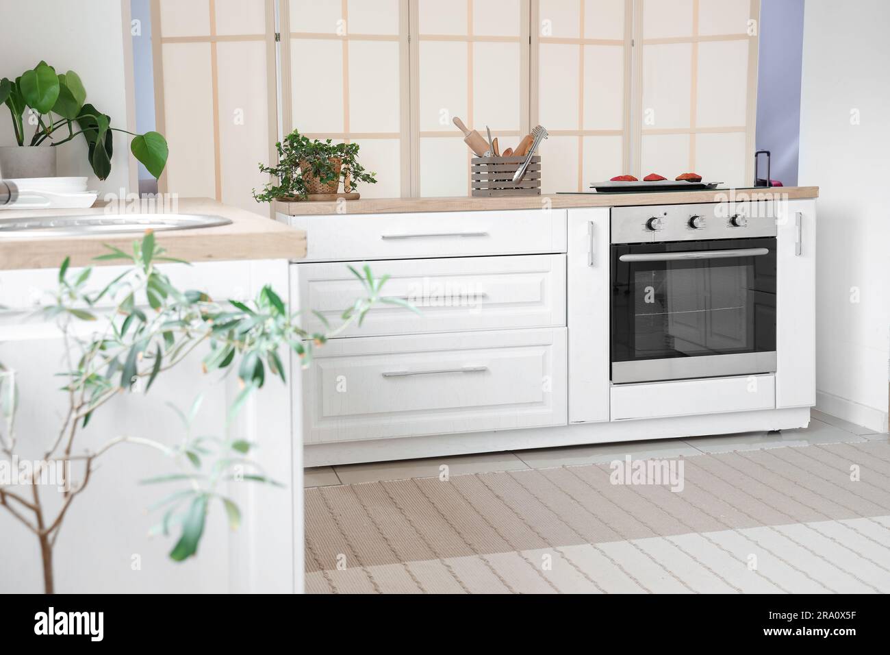 Interior of light kitchen with electric oven and white counters Stock ...