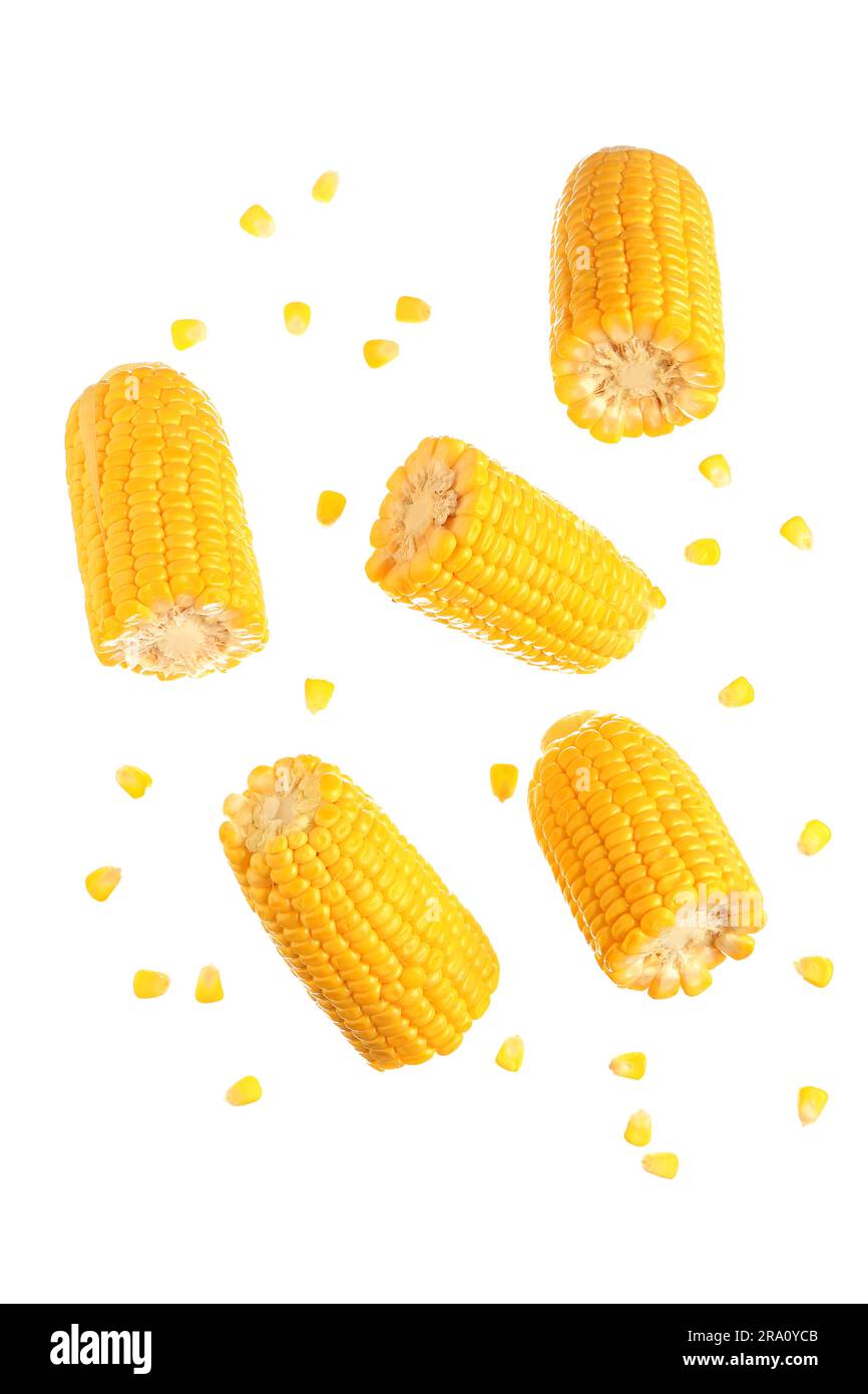 Cut fresh corn cobs and seeds on white background Stock Photo