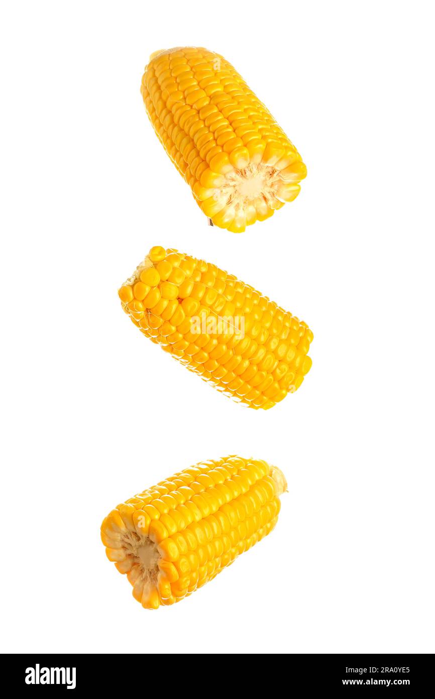 Cut fresh corn cobs on white background Stock Photo