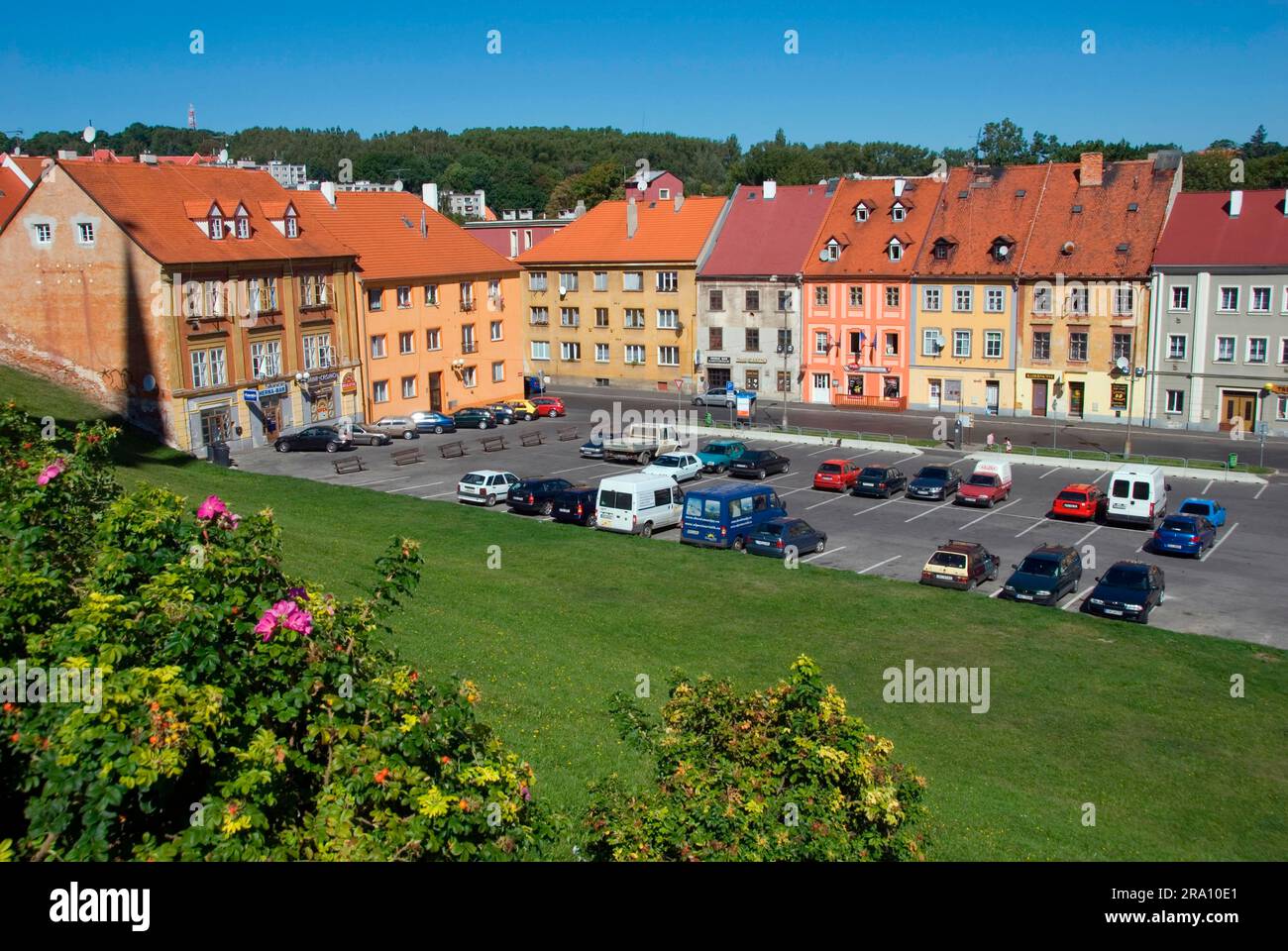 Houses, Parking lot, Smetanova Street, Cheb, Czech Republic Stock Photo