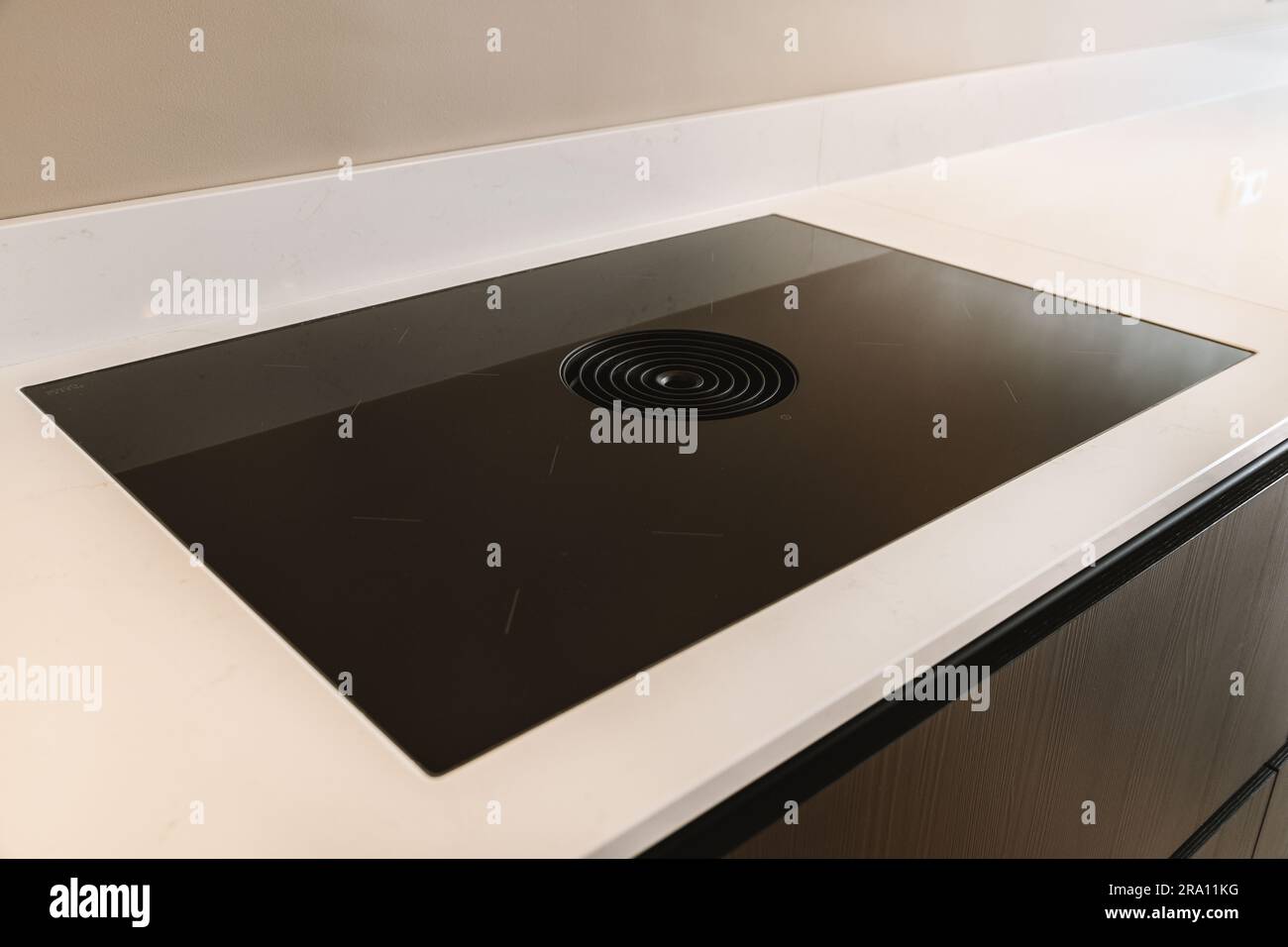 https://c8.alamy.com/comp/2RA11KG/a-black-and-white-stove-top-in-a-kitchen-with-an-electric-range-cooker-on-the-left-side-of-the-sink-2RA11KG.jpg