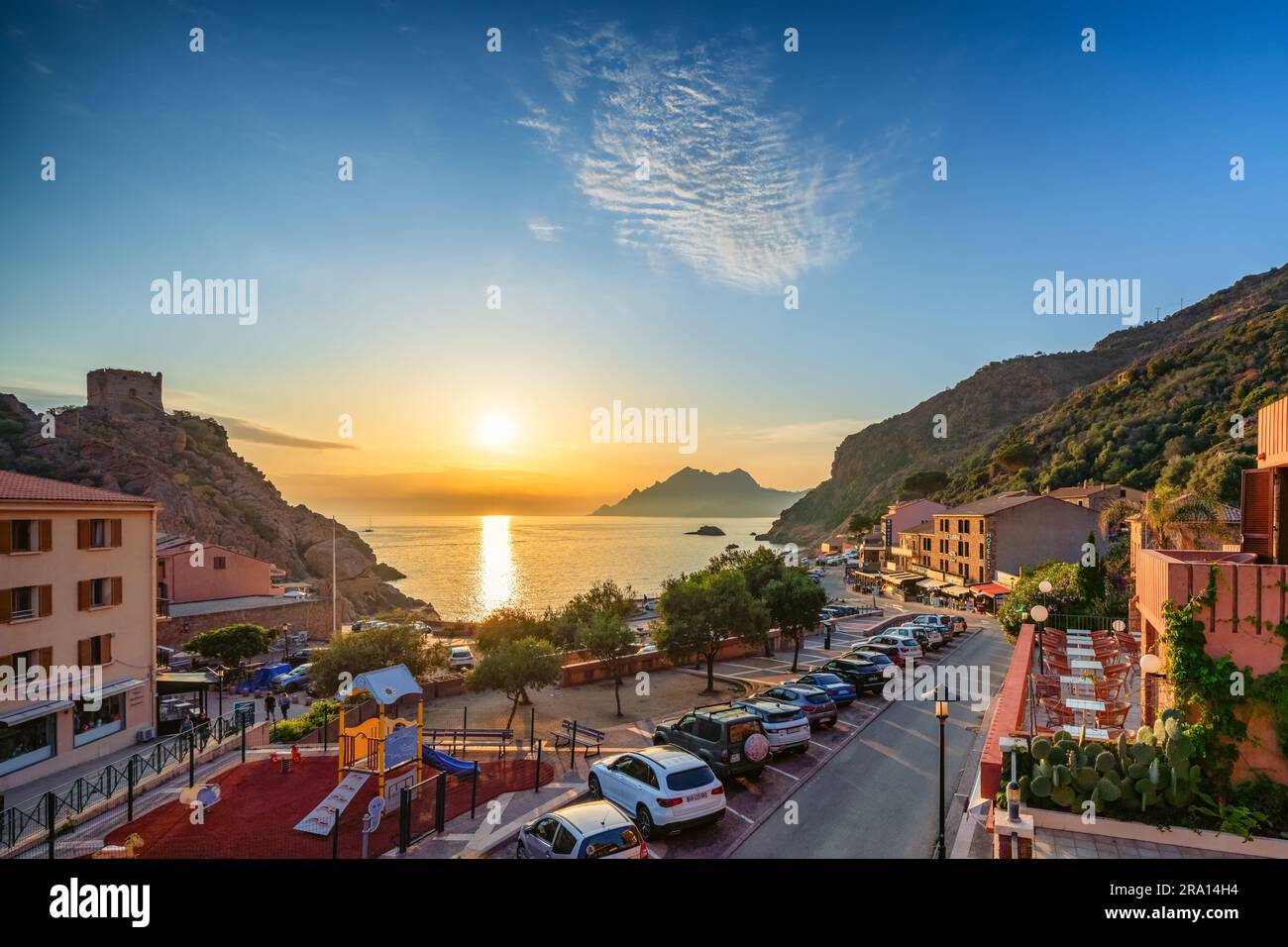Sunset at the town of Porto on Corsica island, west coast, France Stock Photo