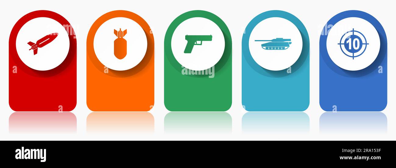 War icon set, miscellaneous vector icons such as missle, bomb, gun, tank and target, modern design infographic template, web buttons in 5 color option Stock Vector