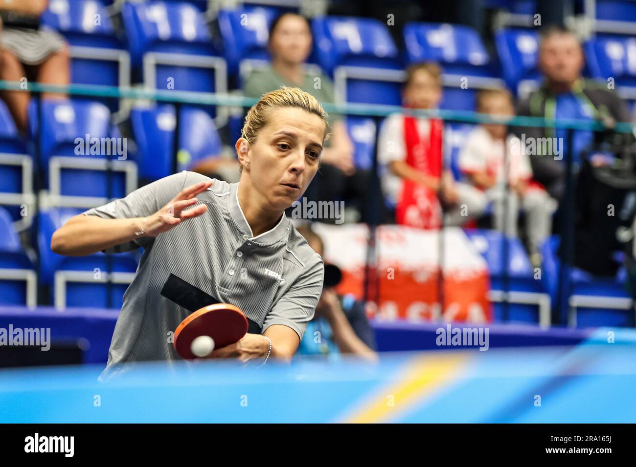 Krakow, Poland. 27th June, 2023. Elizabeta Samara of Romania plays against Natalia Bajor of Poland in Women's Individual Table Tennis Bronze Medal match in Hutnik sports hall during the 3rd European Games. Credit: SOPA Images Limited/Alamy Live News Stock Photo