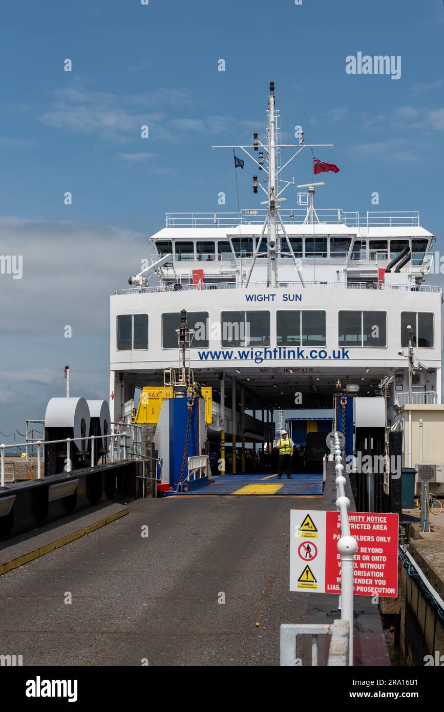 Wightlink ferry loading vehicles prior to taking them to Lymington in Hampshire. June 2023. Stock Photo