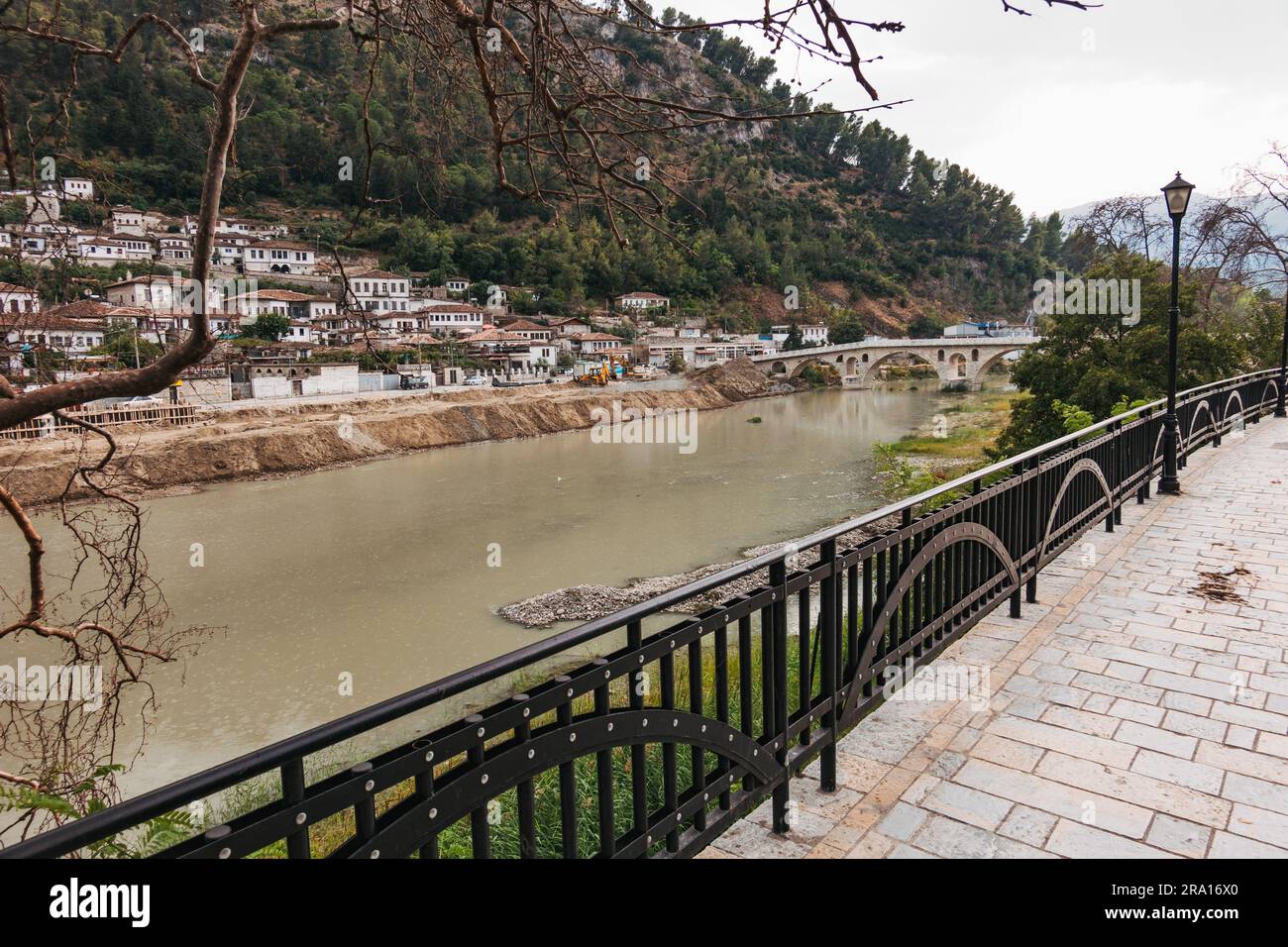 looking across the Osum river at Gorica, a suburb of the historic town of Berat, Albania Stock Photo