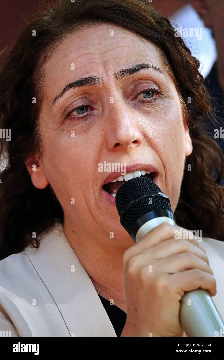 Diyarbakir, Turkey, 29/06/2023, Saliha Aydeniz, Co-Leader of the Democratic Regions Party (DBP), is seen speaking during the memorial ceremony for Kurdish leader Sheikh Said. Kurdish leader Sheikh Said and 46 of his friends were commemorated on the 98th anniversary of their execution, at the place where they were executed in Diyarbakir. Kasim Firat, President of the Association and grandson of Sheikh Said, Saliha Aydeniz, Co-Chairman of the Democratic Regions Party (DBP), members of the Green Left Party (YSP) and Peoples' Democratic Party (HDP), representatives of the Diyarbakir Bar Associatio Stock Photo