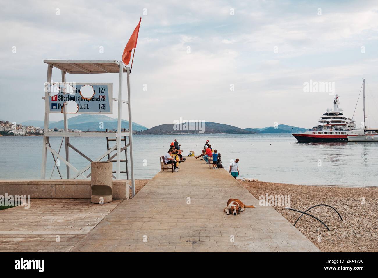 a lifeguard tower at the main beach of the city of Sarandë, in the Albanian Riviera Stock Photo