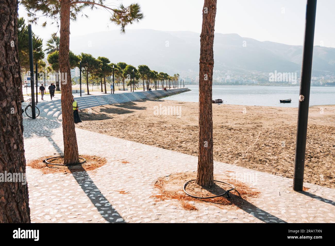 a newly completed waterfront plaza funded by the European Union in the coastal city of Vlorë, in southern Albania Stock Photo