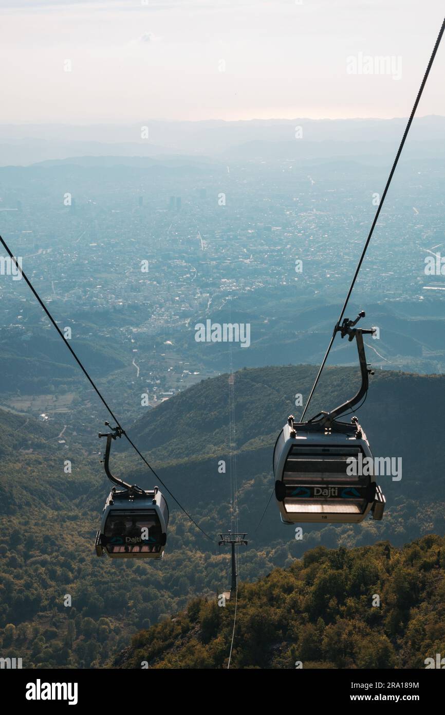 the Dajti Ekspres, a 4.6 km aerial cable car that ascends from Tirana's outer city limits up to the top of Dajti Mountain, Albania Stock Photo