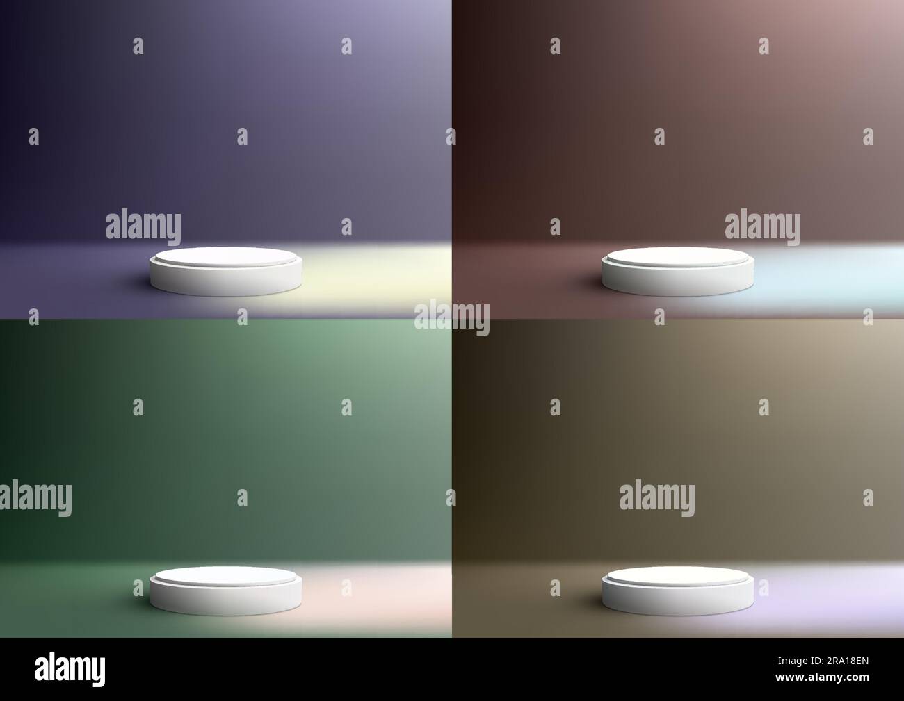 Set 3D realistic empty white podium stand studio room on colors ...