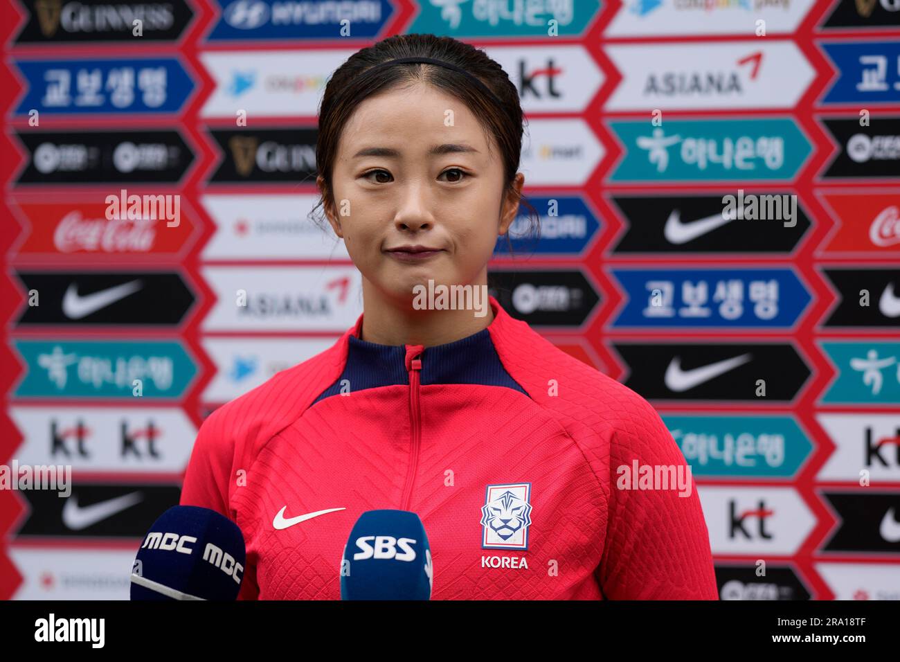 South Korea's women national soccer team player Choe Yu-ri speaks to the  media before a training session ahead of the FIFA Women's World Cup at the  National Football Center in Paju, South
