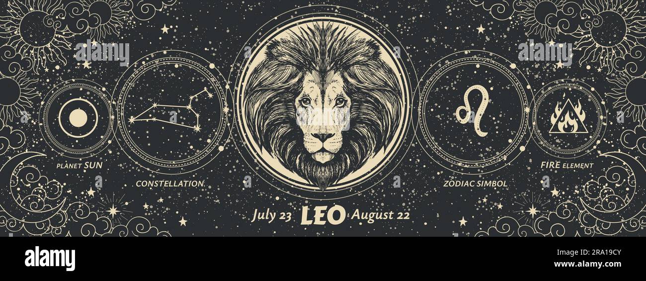Leo zodiac sign, modern mystical astrology banner with black background, horoscope constellation, symbols of alchemy and astronomy. Vintage vector eso Stock Vector