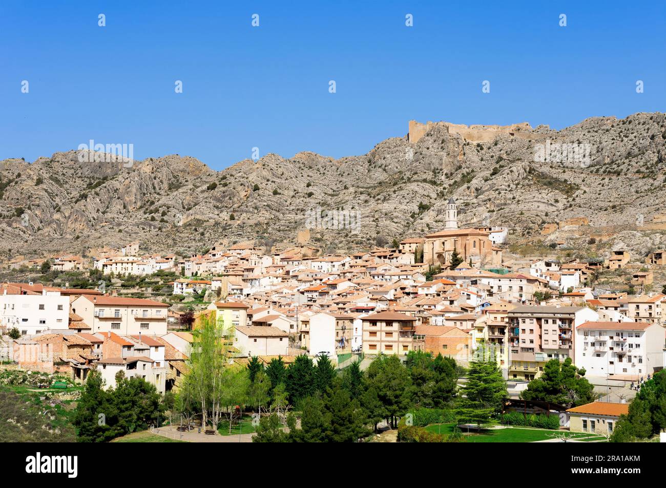 Small monumental town, called Castellote, located on a mountain, Spain, Aragon, Teruel, Maestrazgo Stock Photo