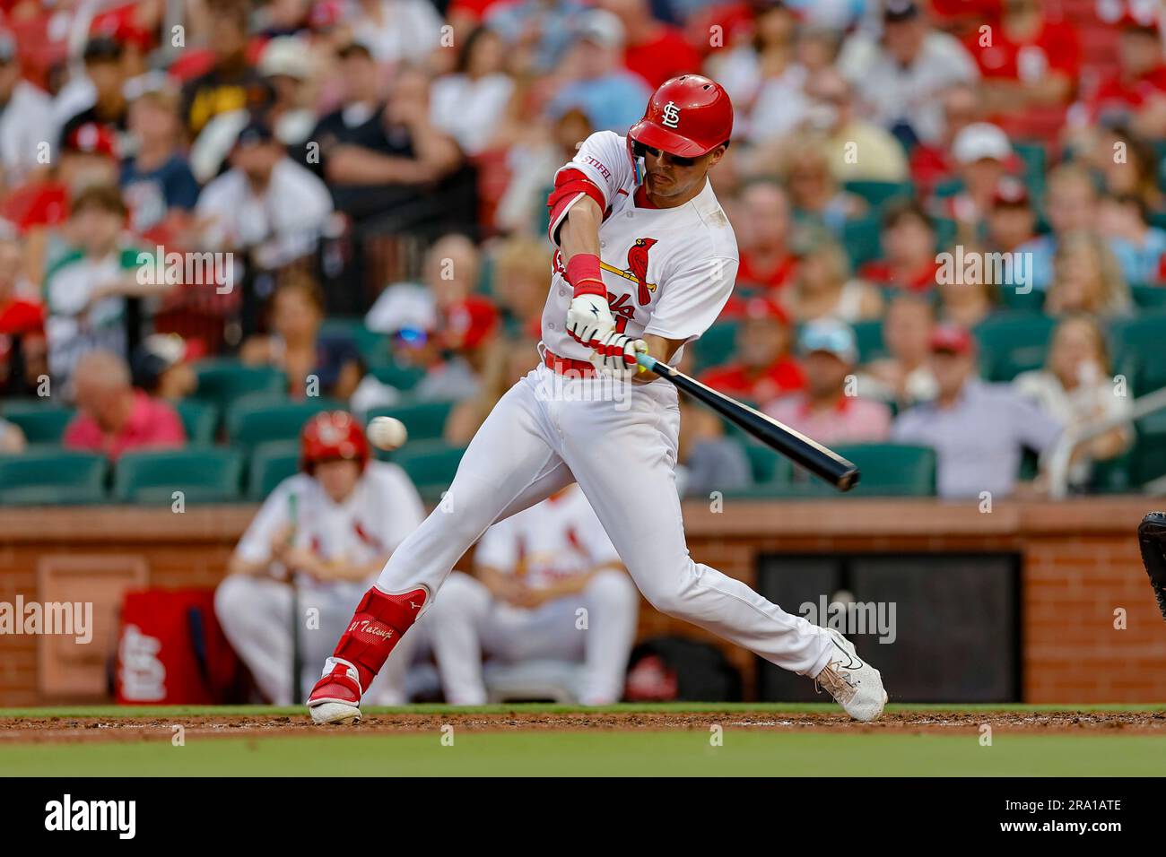 St. Louis, MO. USA; St. Louis Cardinals center fielder Lars Nootbaar (21) fouls off a pitch during an MLB game against the Houston Astros on Thursday, Stock Photo