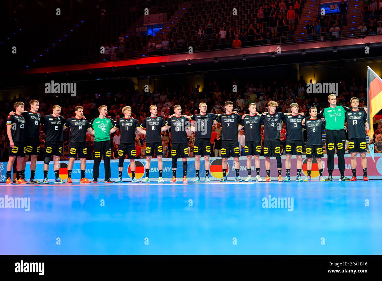 Berlin, Germany. 29th June, 2023. Berlin, June 29, 2023: Handball U21 World Cup - Final Round - Quarterfinal - Germany - Denmark the team of Germany during the national anthem Credit: Marco Wolf/wolf-sportfoto/dpa/Alamy Live News Stock Photo