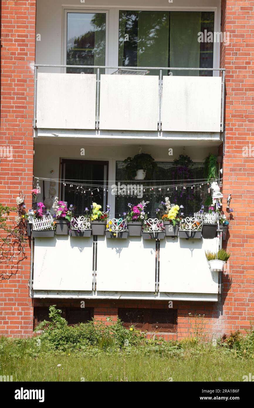 Balconies and flower boxes on a ModernBrick residential building