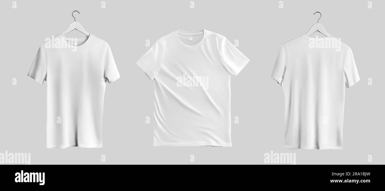 Mockup of white men's t-shirt, presentation on hanger, front, back view, isolated on background. Set of sportswear, product photography for advertisin Stock Photo