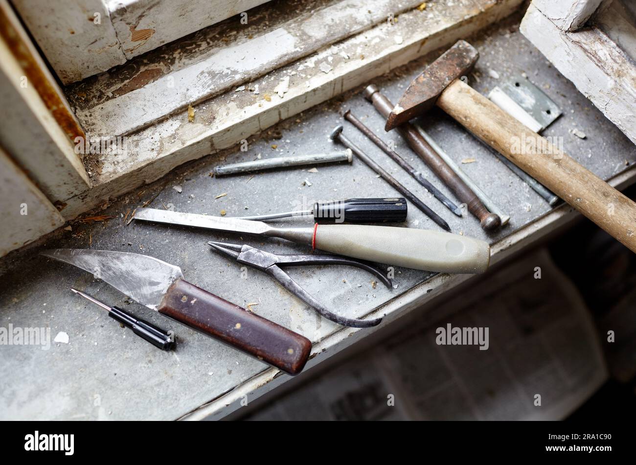 Repairing old damaged window or dismantling before installing new, closeup. Repairing a window