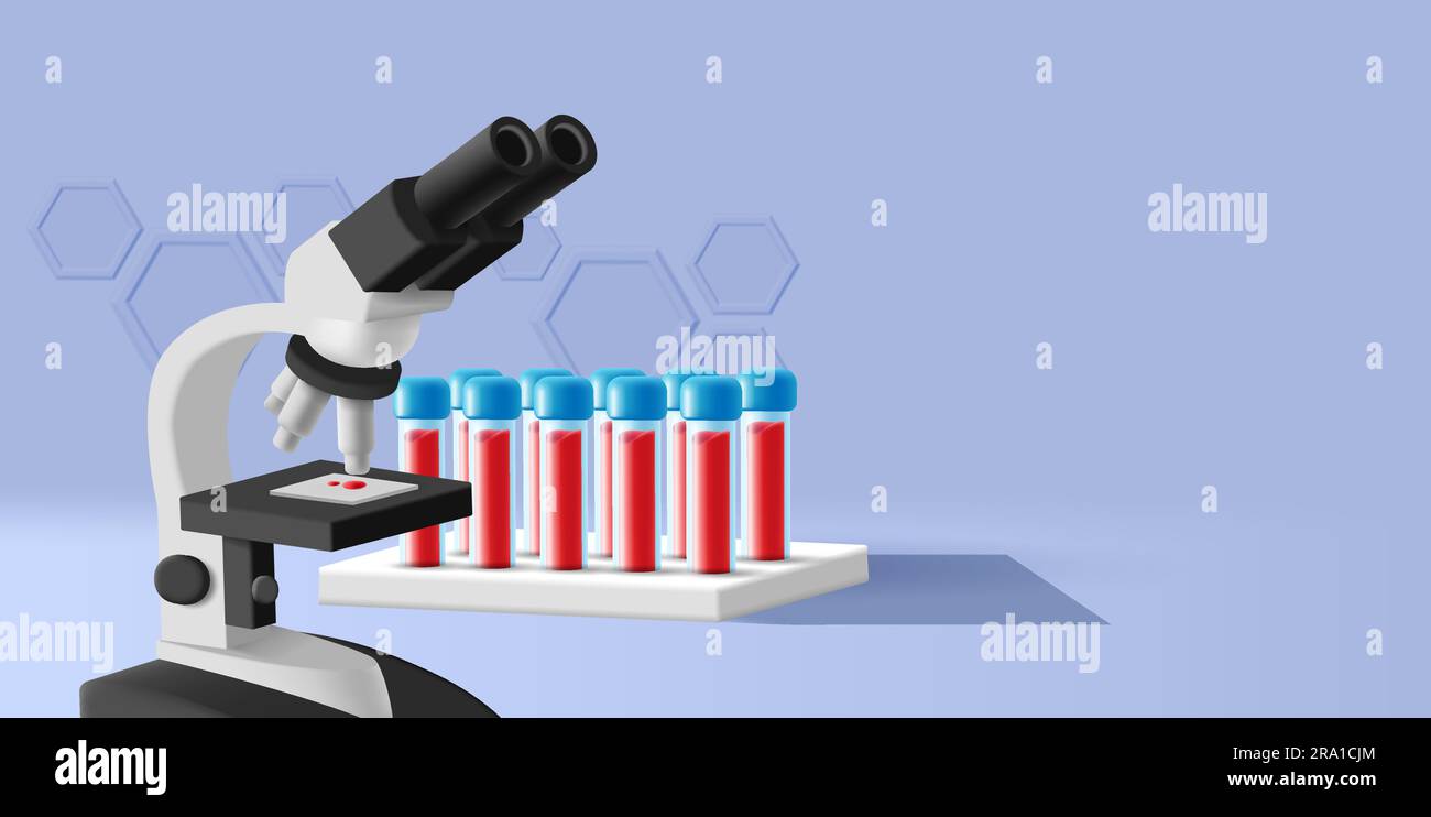 3d illustration of blood test laboratory with blood samples in glass