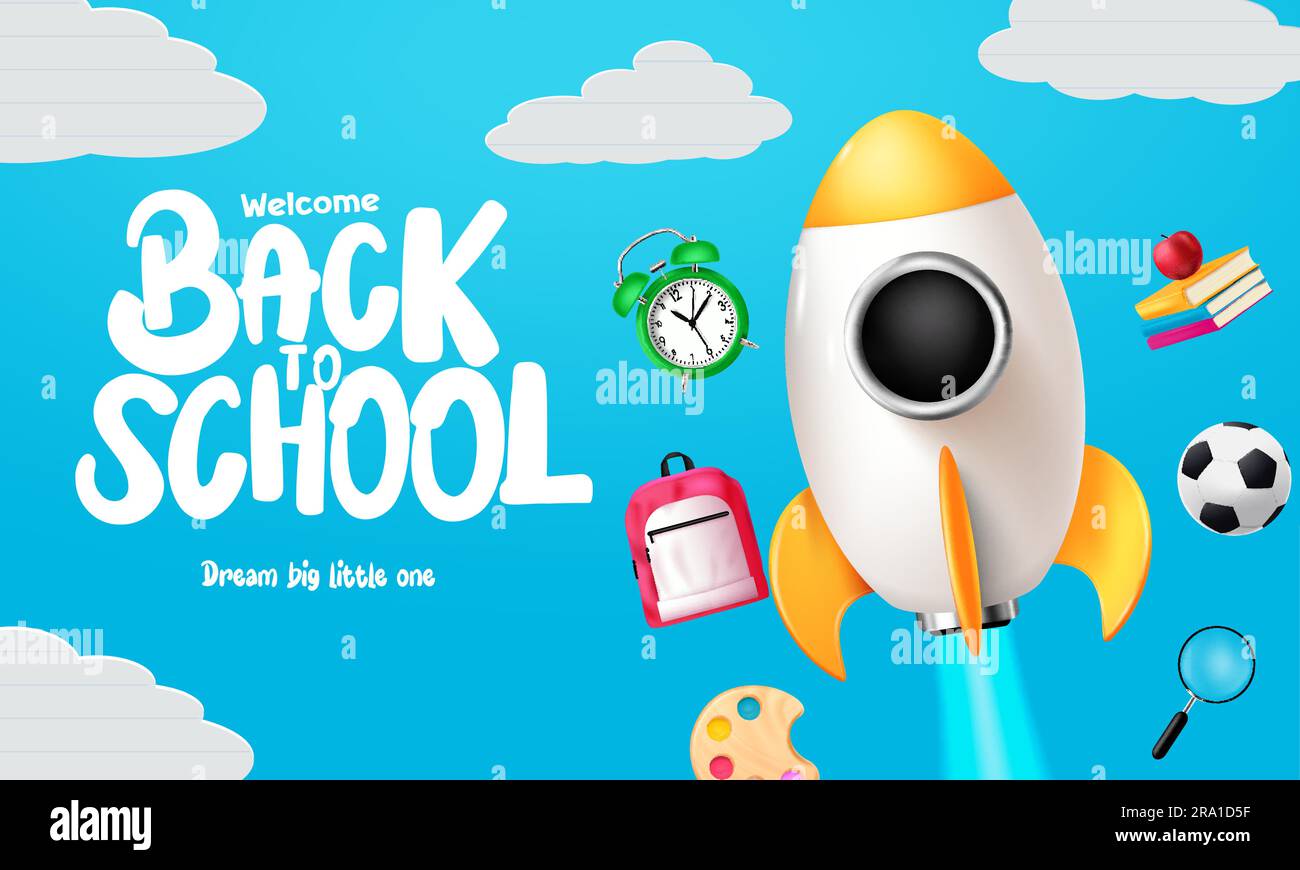 Back to school text vector design. Welcome back to school in blue sky background with rocket ship launch and kids elements. Vector illustration Stock Vector