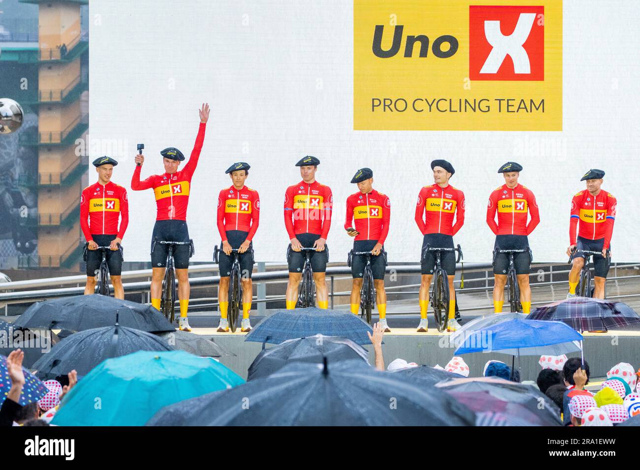 Bilbao, Spain 20230629.Uno-X Pro Cycling Team during team presentation before the Tour de France 2023. The presentation takes place at the Guggenheim Museum in Bilbao, Spain on Thursday evening. Photo: Fredrik Varfjell / NTB Stock Photo