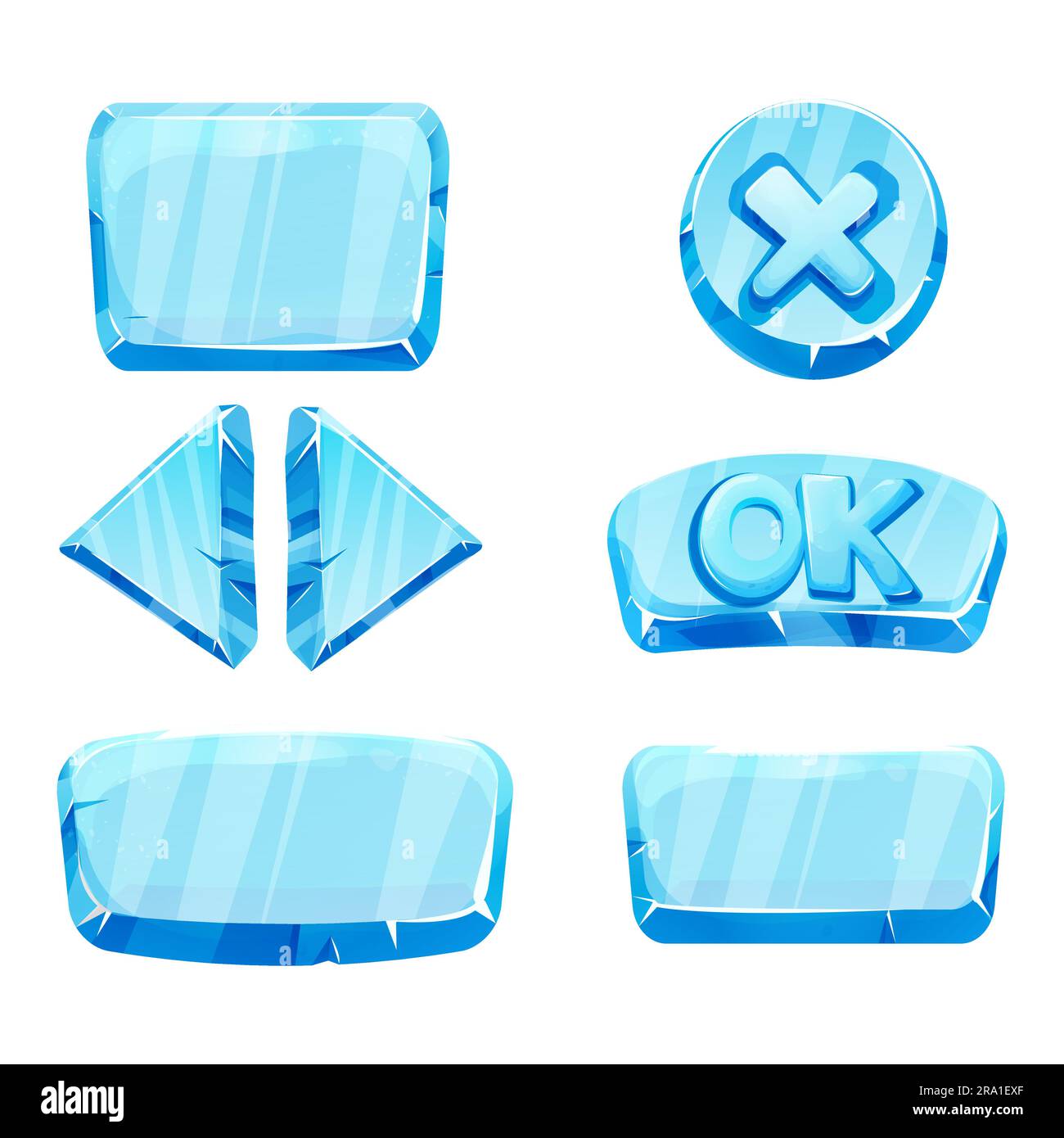 Set frozen ice frames, panels for game menu arows, buttons, ok sign in cartoon style isolated. Ui game design, app interface. Vector illustration Stock Vector