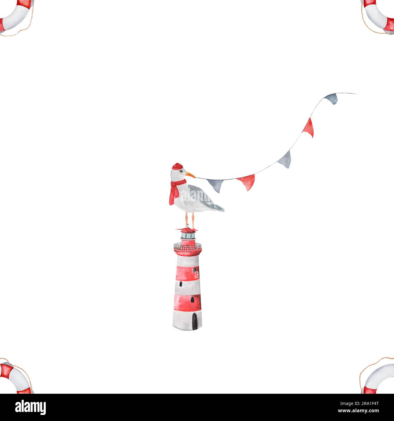 Cute watercolor background with lighthouse and seagulls and lifebuoy and flags. Childish seamless pattern.Watercolor nautical illustration on white Stock Photo