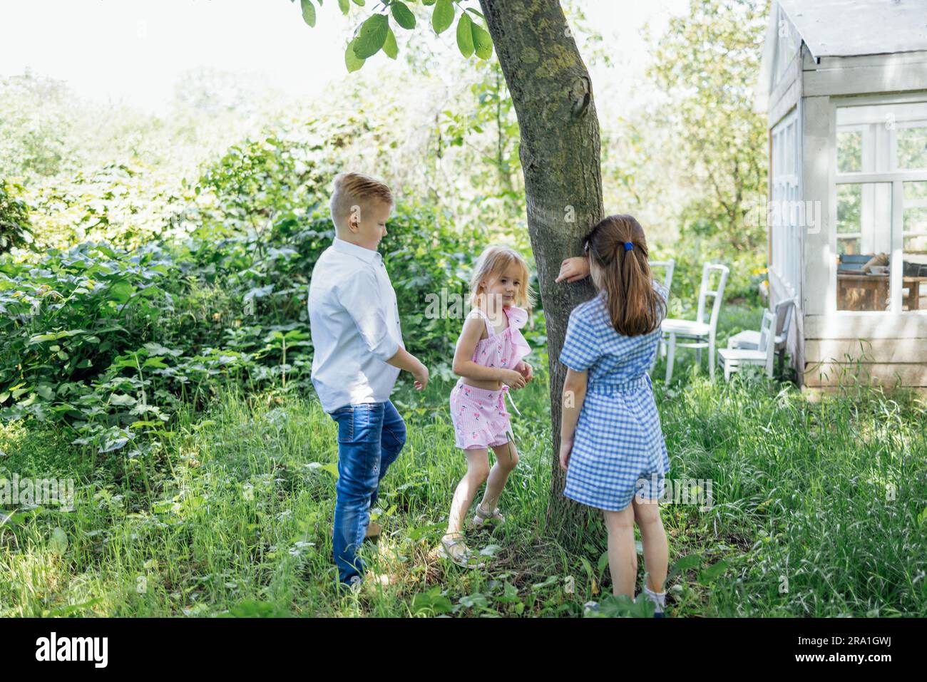 Little kids play hideandseek outdoors in garden. Cute girl is hiding