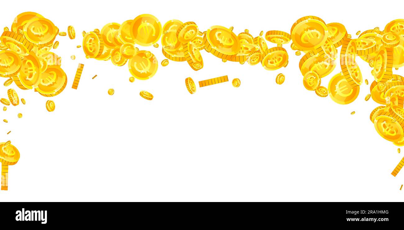 European Union Euro coins falling. Scattered gold EUR coins. Europe