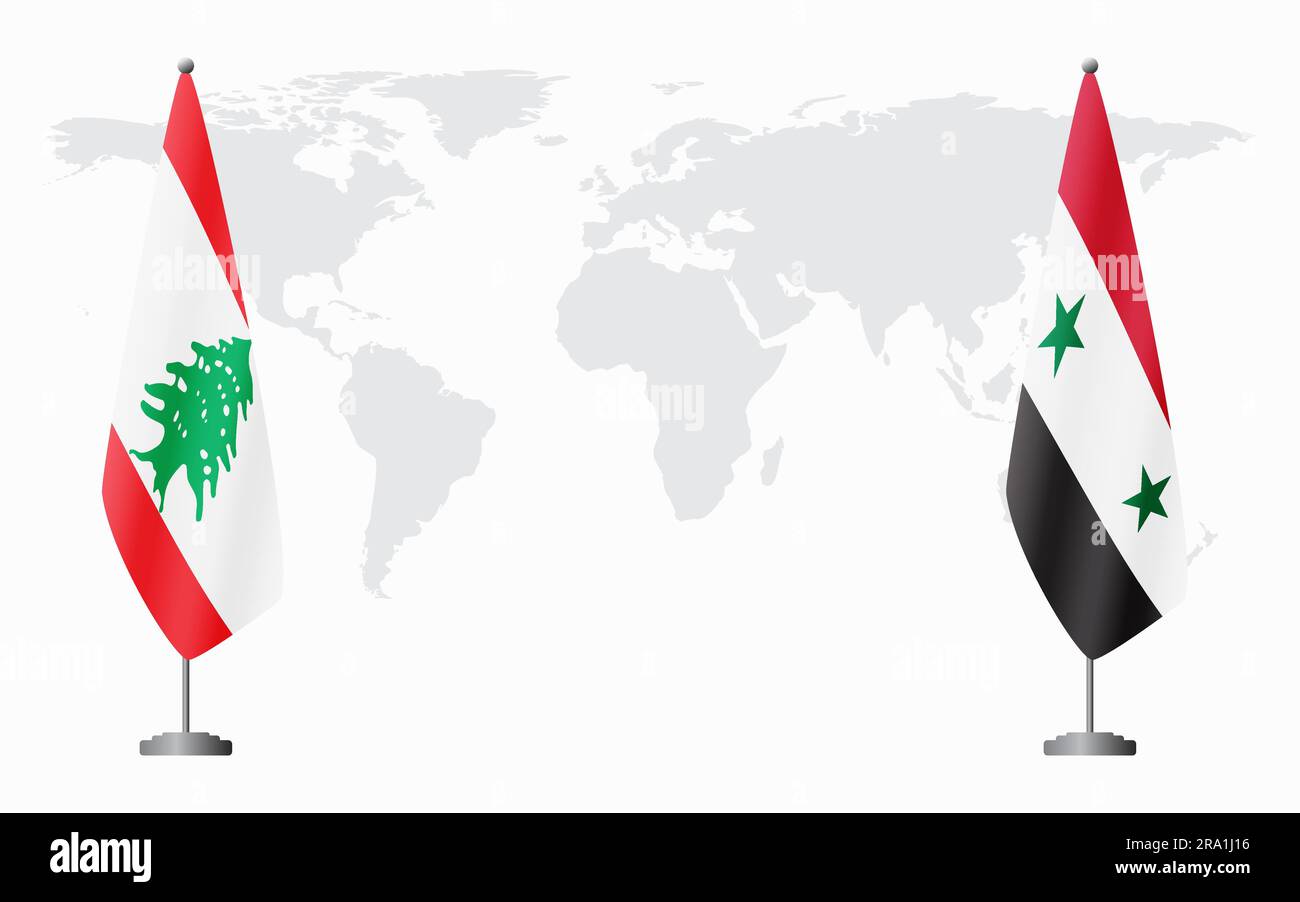Lebanon and Syria flags for official meeting against background of