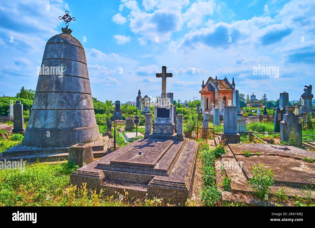 The big bell shaped headstone on Cemetery on Zelena Street, Chernivtsi, Ukraine Stock Photo