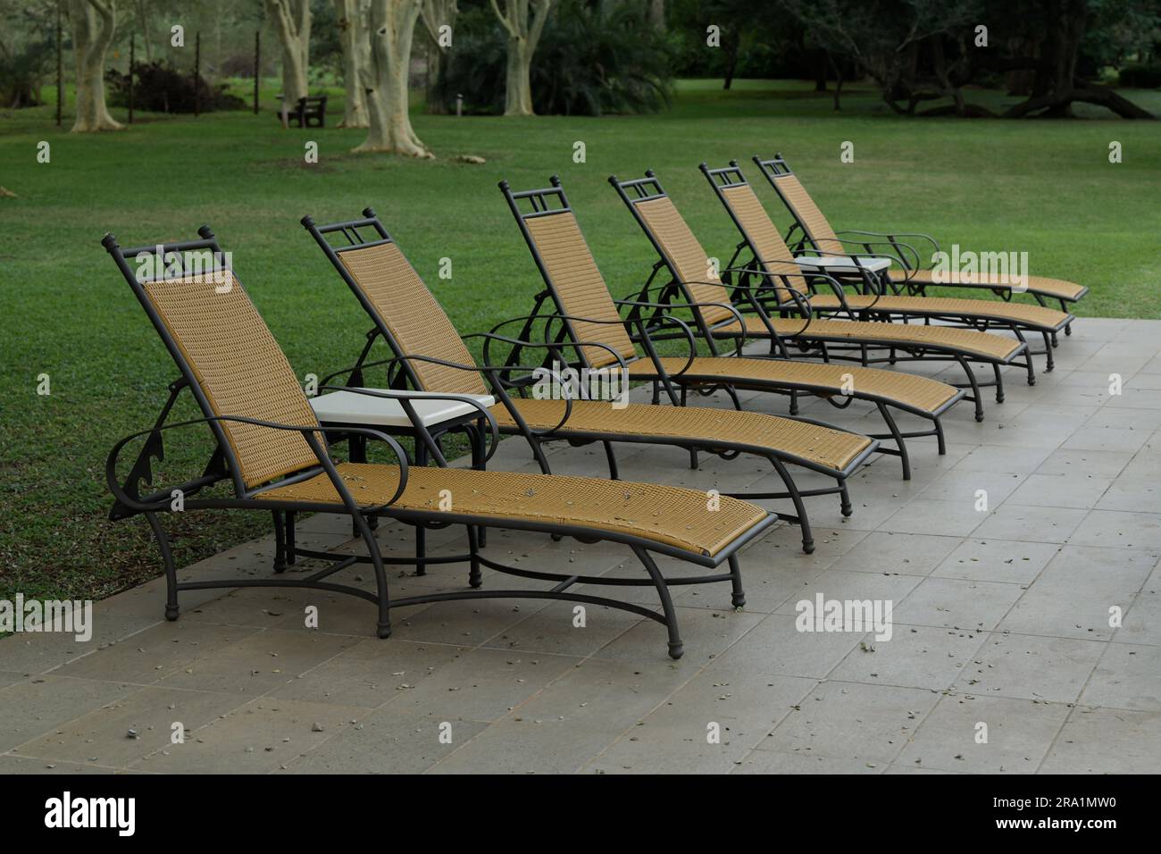 Row of sun chairs at hotel swimming pool deck chair vacation travel Mkhuse South Africa holiday concept objects arrangement outdoor furniture Stock Photo Alamy
